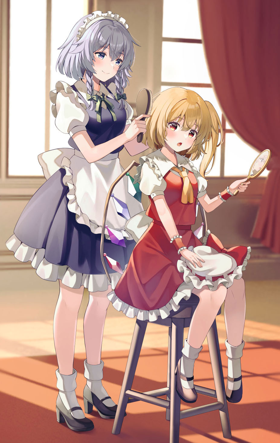 2girls apron ascot bangs banned_artist black_footwear blonde_hair blue_dress blue_eyes blush bobby_socks bow braid comb combing crystal curtains dress eyebrows_visible_through_hair fang flandre_scarlet frilled_apron frilled_bow frilled_dress frilled_shirt_collar frilled_skirt frills green_bow green_ribbon grey_hair hair_between_eyes hair_bow hand_mirror hand_up hands_up hat hat_bow headwear_removed highres holding holding_comb holding_mirror indoors izayoi_sakuya looking_at_viewer maid_headdress mary_janes medium_dress mirror mob_cap multiple_girls neck_ribbon one_side_up open_mouth puffy_short_sleeves puffy_sleeves red_bow red_eyes red_skirt red_vest ribbon ribbon-trimmed_headwear ribbon_trim sash shirt shoes short_hair short_sleeves silver_hair sitting skin_fang skirt skirt_set smile socks standing stool sunlight touhou twin_braids vest waist_apron white_bow white_headwear white_legwear white_sash white_shirt window wings wrist_cuffs yellow_ascot yuuka_nonoko