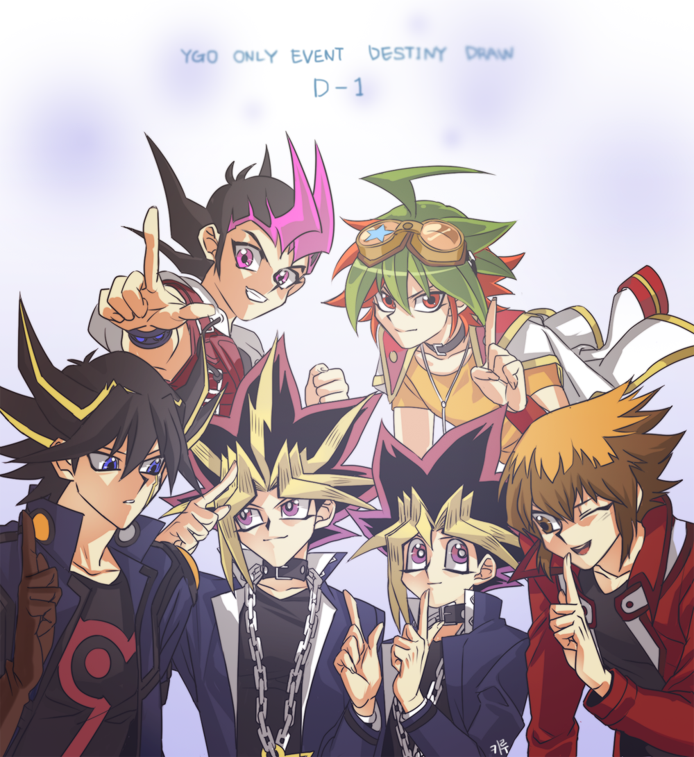 6+boys ahoge bangs belt belt_collar black_belt black_hair black_shirt blonde_hair blue_coat blue_eyes brown_eyes brown_gloves brown_hair chain closed_mouth coat collar commentary_request domino_high_school_uniform duel_academy_uniform_(yu-gi-oh!_gx) fudou_yuusei gloves goggles goggles_on_head green_hair grin hair_between_eyes jacket kiru_(sorr5042) korean_commentary looking_at_another looking_at_viewer looking_to_the_side male_focus millennium_puzzle multicolored_hair multiple_boys mutou_yuugi off_shoulder one_eye_closed open_mouth pink_eyes pink_hair pointing pointing_at_viewer pointing_up red_eyes red_jacket redhead sakaki_yuuya school_uniform shirt short_hair smile spiky_hair streaked_hair tsukumo_yuuma two-tone_hair upper_body v violet_eyes white_jacket yami_yuugi yellow_shirt yu-gi-oh! yu-gi-oh!_5d's yu-gi-oh!_arc-v yu-gi-oh!_duel_monsters yu-gi-oh!_gx yu-gi-oh!_zexal yuuki_juudai