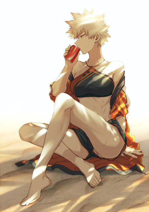 1girl backlighting bakugou_katsuki bare_shoulders barefoot bikini bikini_top_only blonde_hair boku_no_hero_academia can coca-cola crossed_legs drink drinking feet genderswap genderswap_(mtf) hand_on_ground holding holding_can holding_drink maneki-neko_(fujifuji) midriff profile sand sitting soda_can solo spiky_hair sweat swimsuit