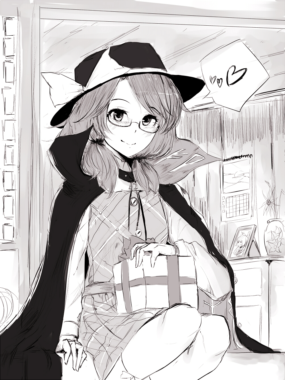 1girl blush bow buttons calendar_(object) cape closed_mouth clothes_writing commentary drawer eyebrows_visible_through_hair flower fujiwara_no_mokou gift glasses greyscale hat hat_bow heart highres looking_at_viewer low_twintails medium_hair monochrome mugo_(mugokii) picture_(object) plaid plaid_shirt plaid_skirt runes semi-rimless_eyewear shirt short_twintails sitting skirt smile solo spoken_heart touhou twintails usami_sumireko vase