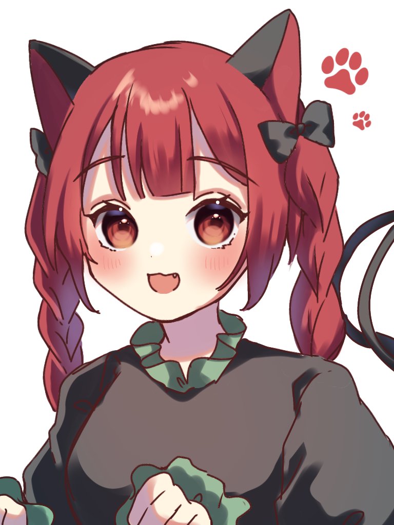 1girl :d animal_ears bangs black_bow blunt_bangs blush bow braid cat_ears dress eyebrows_visible_through_hair fang hair_bow kaenbyou_rin long_sleeves looking_at_viewer open_mouth paw_pose paw_print paw_print_background red_eyes redhead simple_background siomi_403 smile solo touhou twin_braids twintails upper_body white_background