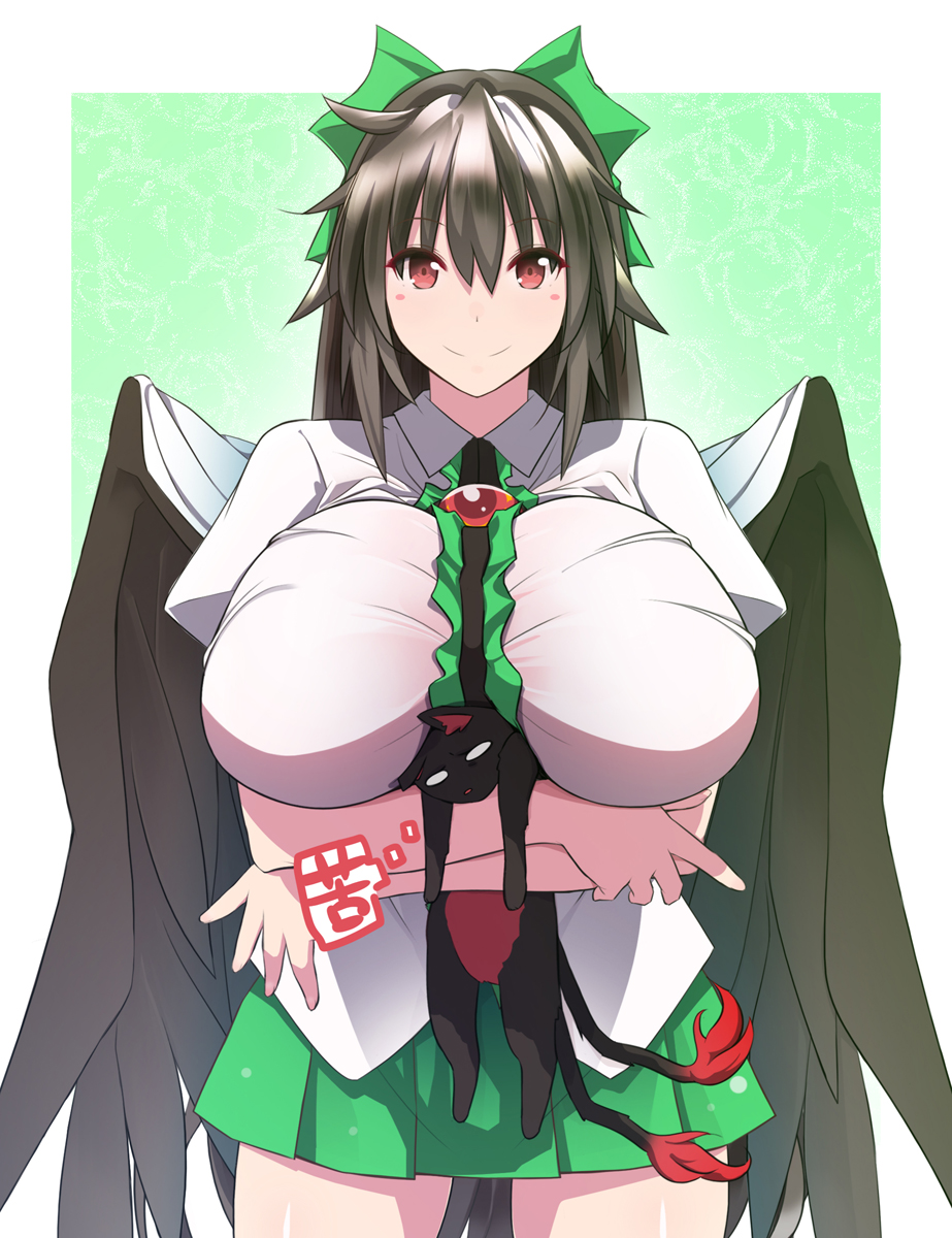 1girl animal arms_under_breasts bangs bird_wings black_hair black_wings blank_eyes blush bow breast_rest breasts cape cat center_frills closed_mouth collared_shirt commentary_request cowboy_shot frills green_background green_bow green_skirt hair_between_eyes hair_bow highres holding holding_animal holding_cat huge_breasts impossible_clothes impossible_shirt kaenbyou_rin kaenbyou_rin_(cat) long_hair looking_at_viewer miniskirt otoufu_(wddkq314band) pleated_skirt puffy_short_sleeves puffy_sleeves red_eyes reiuji_utsuho shirt short_sleeves skirt smile third_eye touhou white_background white_cape white_shirt wings