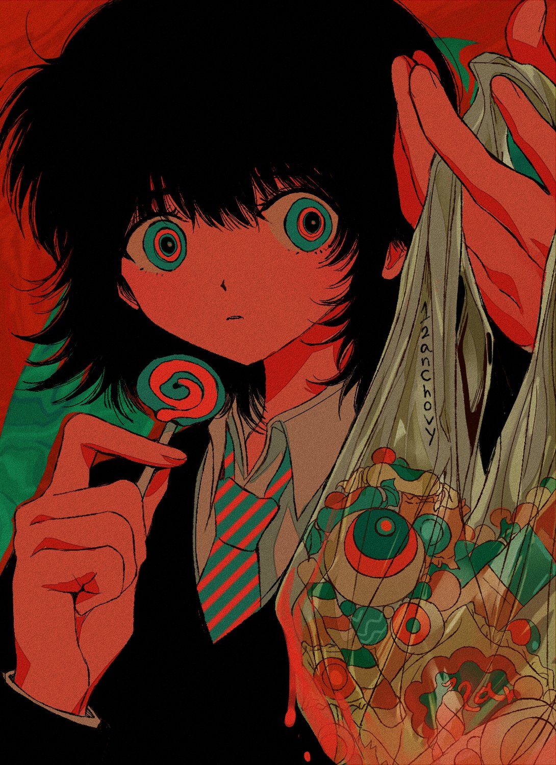 12anchovy 1girl abstract_background aqua_eyes aqua_necktie arm_up bag black_hair candy candy_wrapper dripping fingernails food highres holding holding_bag holding_candy holding_food holding_lollipop lollipop medium_hair messy_hair multicolored_eyes necktie original parted_lips pink_eyes signature solo striped_necktie transparent upper_body