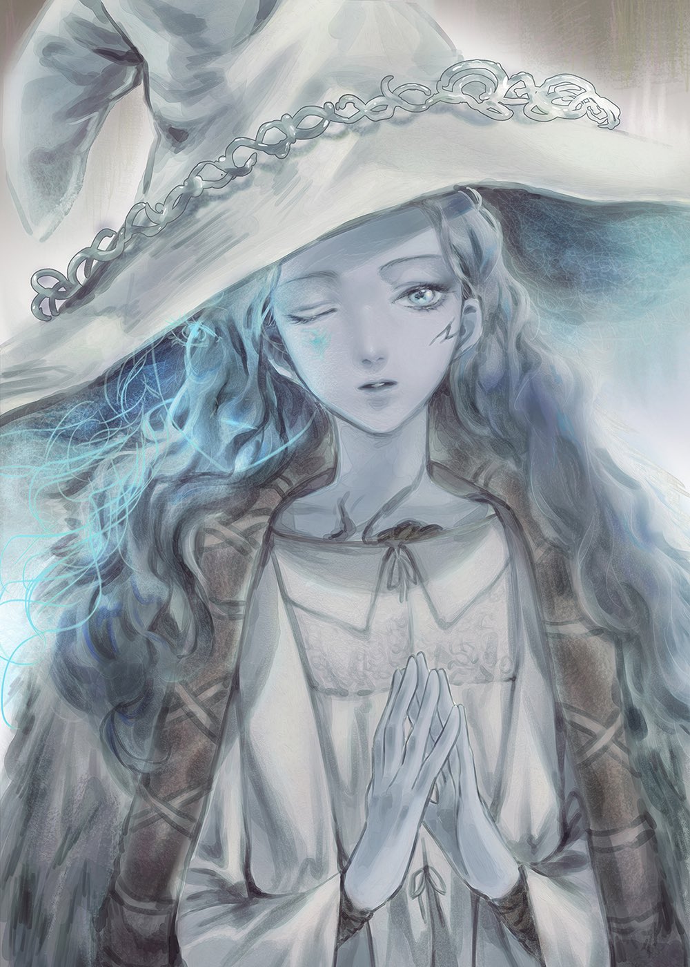 1girl blue_eyes blue_skin cloak colored_skin cracked_skin dress elden_ring extra_faces flat_chest fur_cloak hands_up hat head_tilt highres kimuki000 looking_at_viewer own_hands_together parted_lips ranni_the_witch solo steepled_fingers upper_body white_dress white_headwear witch_hat