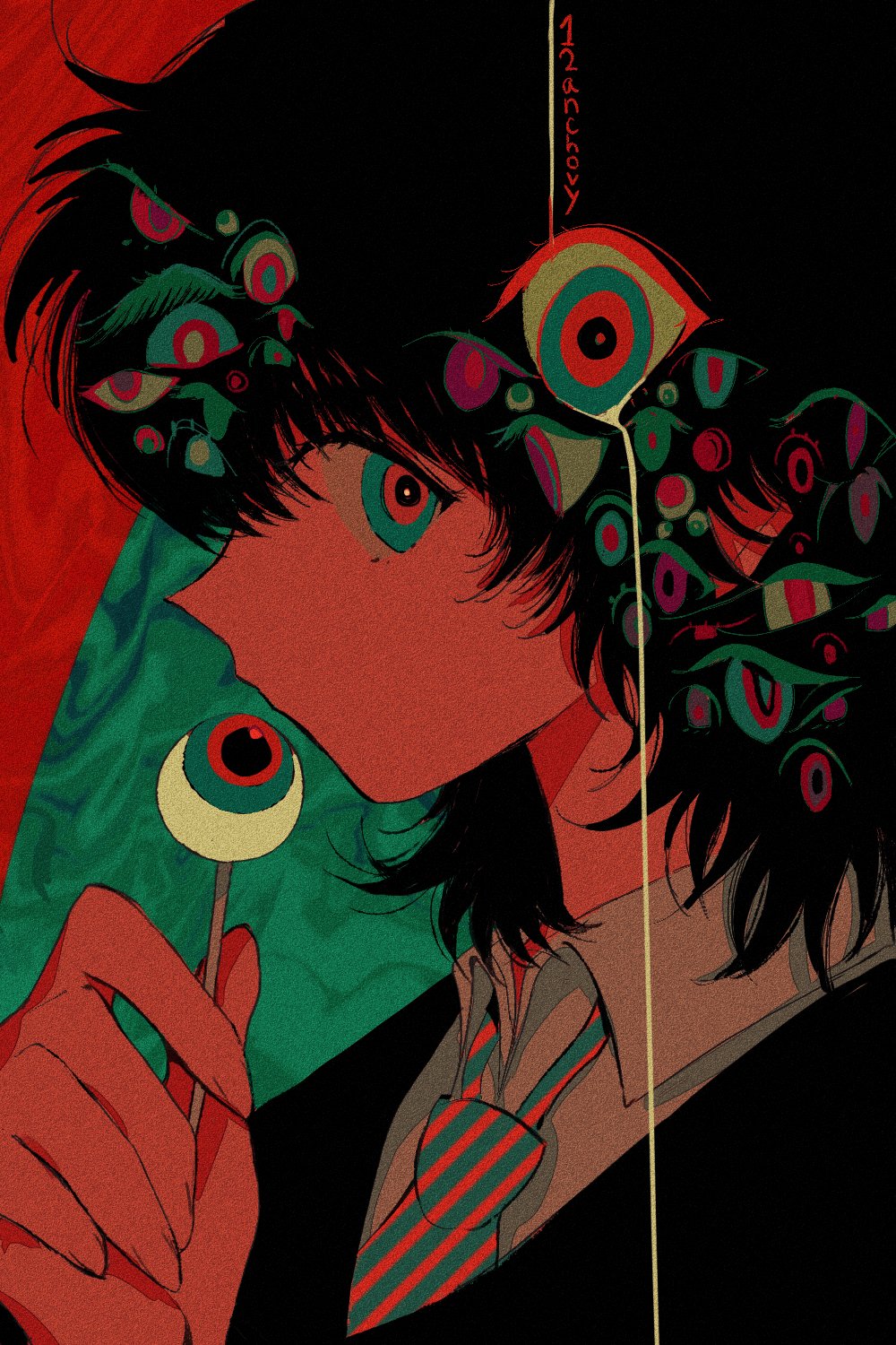 12anchovy 1girl abstract abstract_background aqua_eyes aqua_necktie aqua_pupils black_hair candy crying crying_with_eyes_open extra_eyes eyeball film_grain fingernails food highres holding holding_candy holding_food holding_lollipop lollipop looking_at_viewer medium_hair messy_hair multicolored_eyes necktie pink_eyes purple_pupils red_pupils signature solo striped striped_necktie tears upper_body violet_eyes
