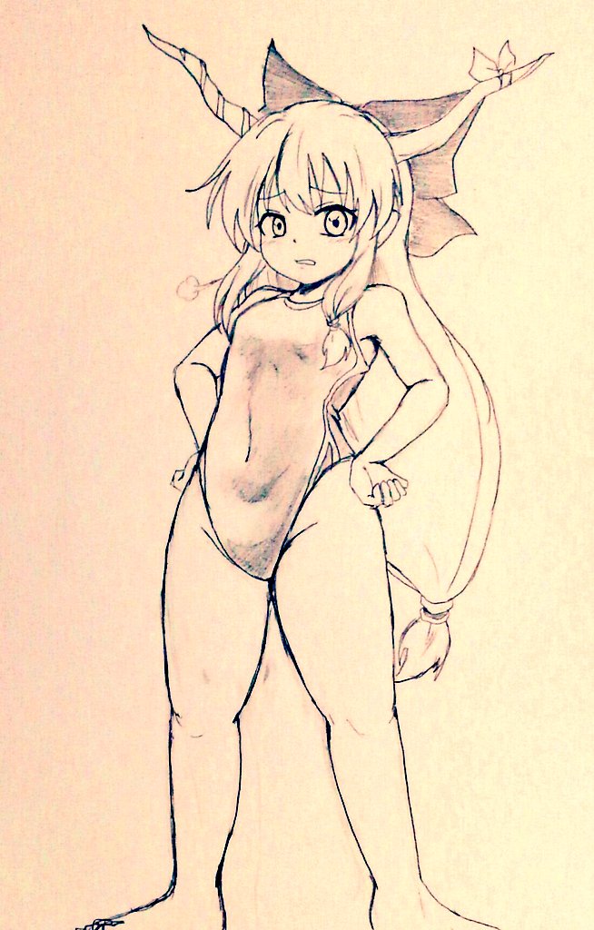 1girl alternate_costume bare_legs barefoot bow breasts commentary_request covered_navel d-m_(dii_emu) eyebrows_visible_through_hair eyelashes foot_out_of_frame full_body greyscale hair_bow hand_on_hip ibuki_suika long_hair looking_at_viewer monochrome one-piece_swimsuit open_mouth sketch standing swimsuit tied_hair touhou traditional_media very_long_hair