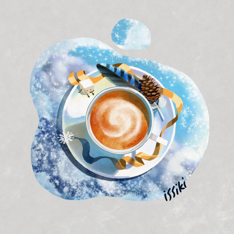 artist_name black_tea cup drink feathers food_focus from_above ice issiki_t no_humans original pinecone plate ribbon simple_background snowflakes sugar_cube tea teacup