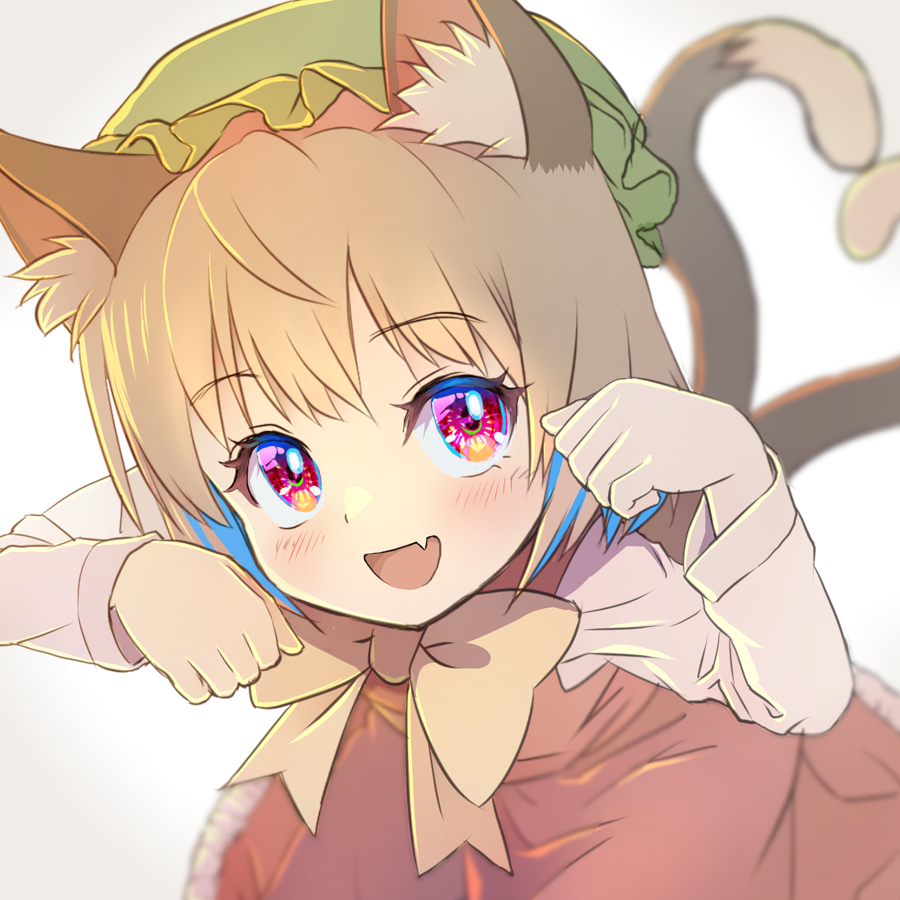 1girl :d animal_ear_fluff animal_ears blurry blurry_background blush bow bowtie cat_ears cat_girl cat_tail chen depth_of_field eyebrows_visible_through_hair fang from_above green_headwear hat heart heart_tail long_sleeves looking_at_viewer mob_cap multiple_tails nekomata open_mouth paw_pose red_eyes red_vest shiroi_karasu shirt short_hair simple_background skin_fang smile solo tail touhou two_tails vest white_background