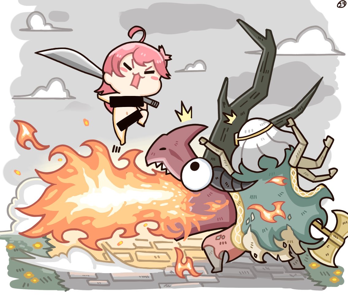 1boy 1girl ahoge axe bar_censor breathing_fire censored chibi closed_eyes completely_nude dragon dragon_horns elden_ring extra_arms fire godrick_the_grafted grey_sky holding holding_sword holding_weapon hololive horns jumping koritama long_hair navel nude open_mouth pink_hair sakura_miko sword virtual_youtuber weapon white_hair