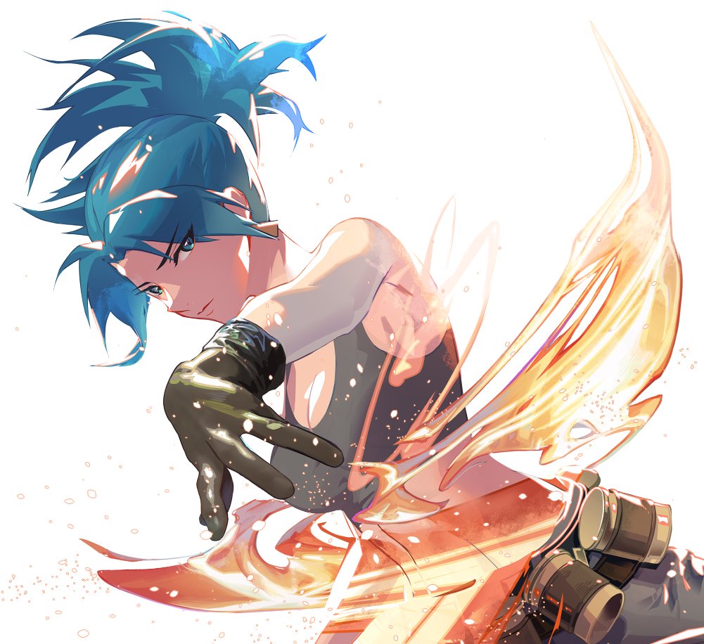 1girl bangs belt black_gloves black_pants black_tank_top blue_eyes blue_hair breasts closed_mouth earrings ffffcoffee gloves jewelry leona_heidern looking_at_viewer military military_uniform pants ponytail simple_background slashing solo tank_top the_king_of_fighters the_king_of_fighters_xiii triangle_earrings uniform white_background