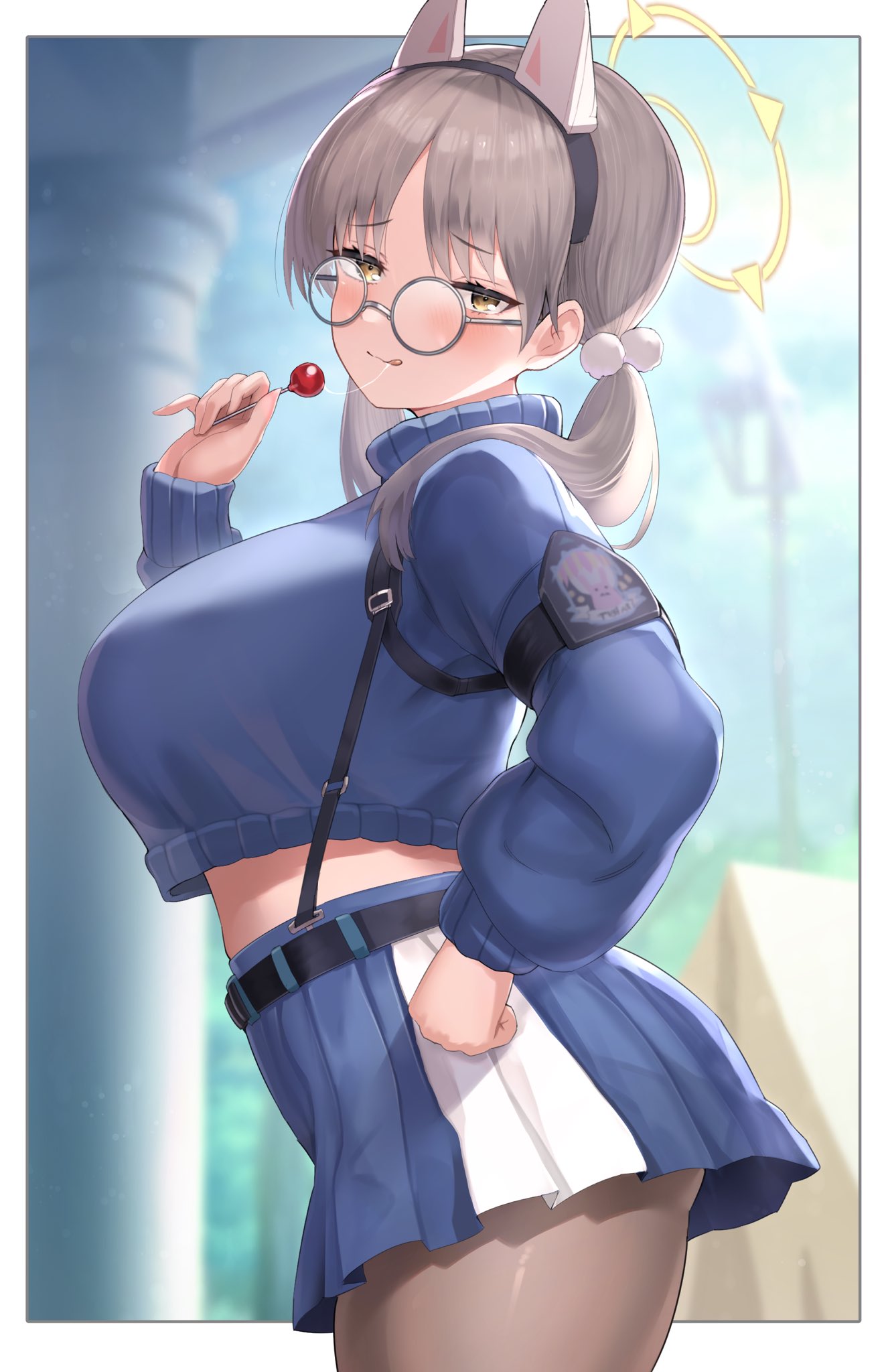 1girl :q animal_ears armband belt blue_archive blue_skirt blue_sweater breasts brown_hair candy fake_animal_ears food glasses hair_ornament halo hand_on_hip highres holding holding_candy holding_food holding_lollipop large_breasts lollipop long_sleeves looking_at_viewer midriff moe_(blue_archive) pantyhose pom_pom_(clothes) pom_pom_hair_ornament rabbit_ears round_eyewear saliva saliva_trail skirt solo sweater tongue tongue_out twintails two-tone_skirt unizou white_skirt yellow_eyes