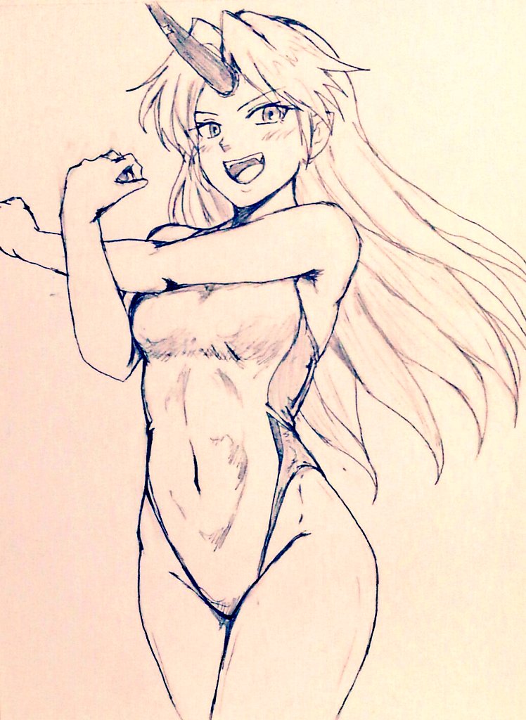 1girl alternate_costume bare_legs breasts commentary_request covered_navel cowboy_shot d-m_(dii_emu) eyebrows_visible_through_hair eyelashes fangs greyscale horns hoshiguma_yuugi long_hair looking_at_viewer monochrome one-piece_swimsuit open_mouth single_horn sketch small_breasts swimsuit touhou traditional_media very_long_hair