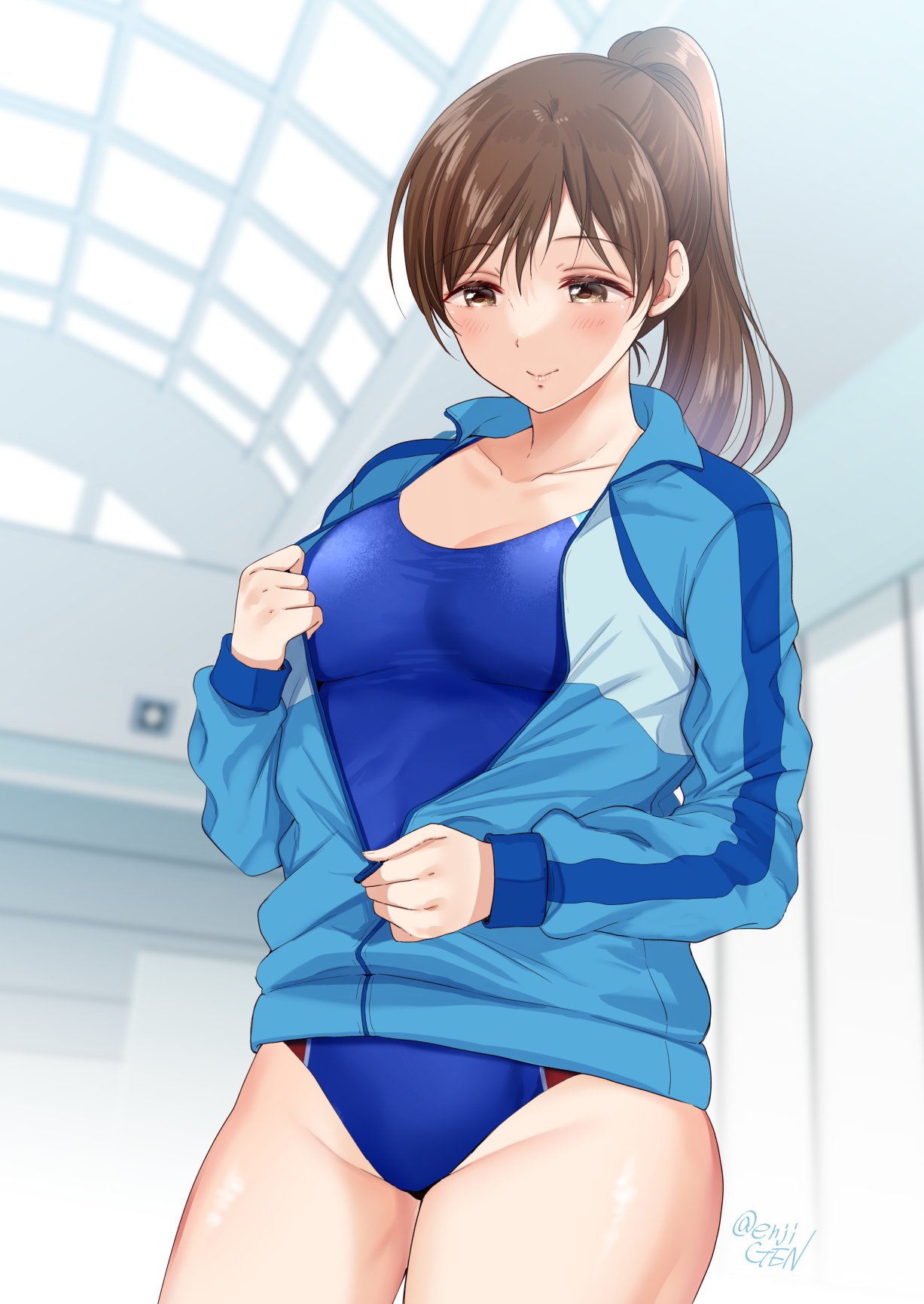 1girl blue_swimsuit breasts brown_hair competition_swimsuit gen_(enji) highres idolmaster idolmaster_cinderella_girls idolmaster_cinderella_girls_starlight_stage indoors jacket large_breasts nitta_minami one-piece_swimsuit ponytail swimsuit undressing unzipping