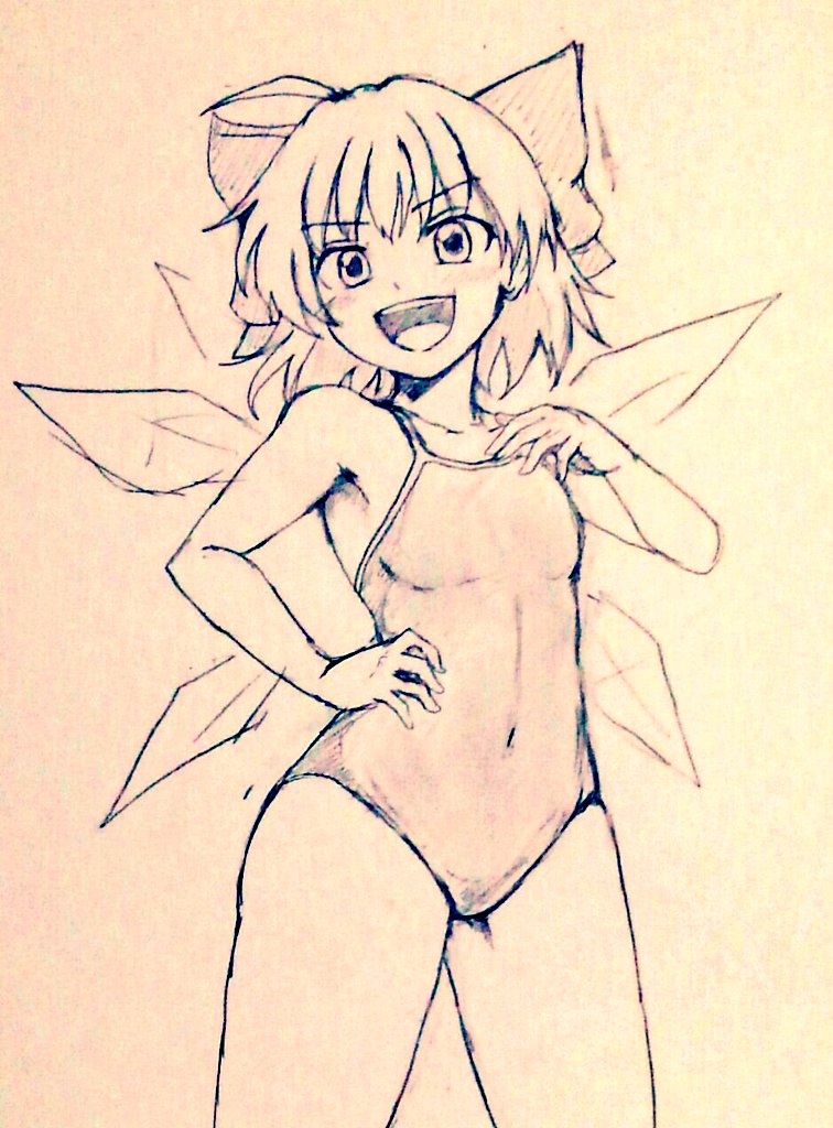 1girl ahoge alternate_costume bare_legs bow breasts cirno commentary_request covered_navel cowboy_shot d-m_(dii_emu) eyebrows_visible_through_hair eyelashes fairy greyscale hair_bow hand_on_hip hand_on_own_chest ice ice_wings looking_at_viewer monochrome one-piece_swimsuit open_mouth short_hair swimsuit touhou traditional_media v-shaped_eyebrows wings