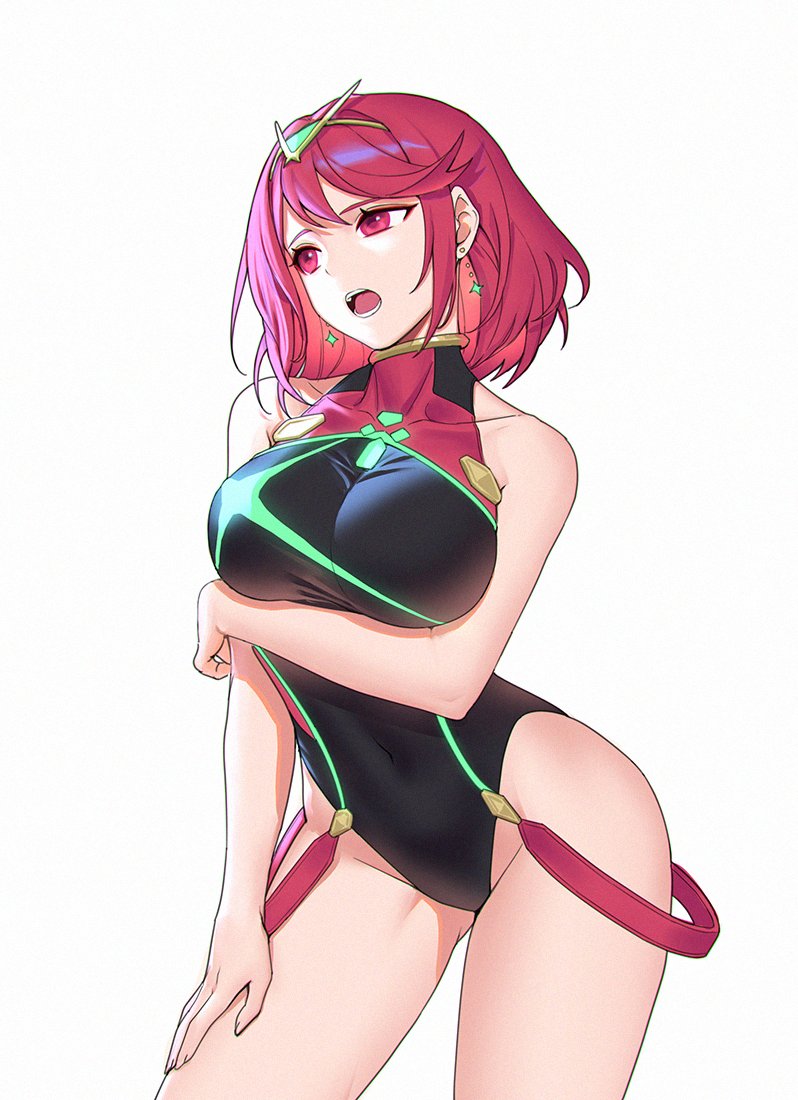 1girl arm_under_breasts bare_shoulders bodysuit breasts circlet earrings halterneck hand_on_thigh highleg jewelry large_breasts leotard open_mouth pyra_(xenoblade) redhead siun solo thighs white_background xenoblade_chronicles_(series) xenoblade_chronicles_2