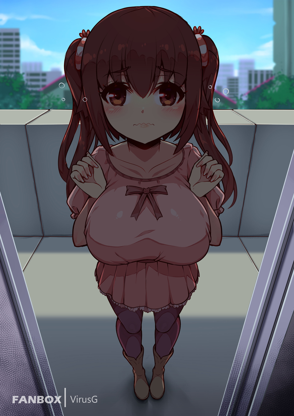 1girl apartment blurry blurry_background blush boots breast_squeeze breasts brown_eyes brown_footwear brown_hair cityscape closed_mouth collarbone doorway dress ebina_nana eyebrows_visible_through_hair fingernails flying_sweatdrops foreshortening full_body hair_between_eyes hands_up highres himouto!_umaru-chan large_breasts long_fingernails long_hair looking_at_viewer nervous outdoors pink_dress pink_nails purple_legwear shade solo striped tareme thigh-highs twintails virus-g wavy_hair