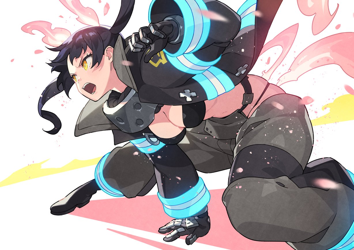 1girl arm_support baggy_pants bangs bikini black_bikini black_coat black_footwear black_gloves black_hair boots breasts coat commentary en'en_no_shouboutai fighting_stance fire floating_hair foreshortening gloves grey_pants hip_vent kin_niku long_hair long_sleeves looking_to_the_side neon_trim open_clothes open_coat open_mouth orange_eyes pants skindentation solo spread_legs squatting swimsuit tamaki_kotatsu twintails