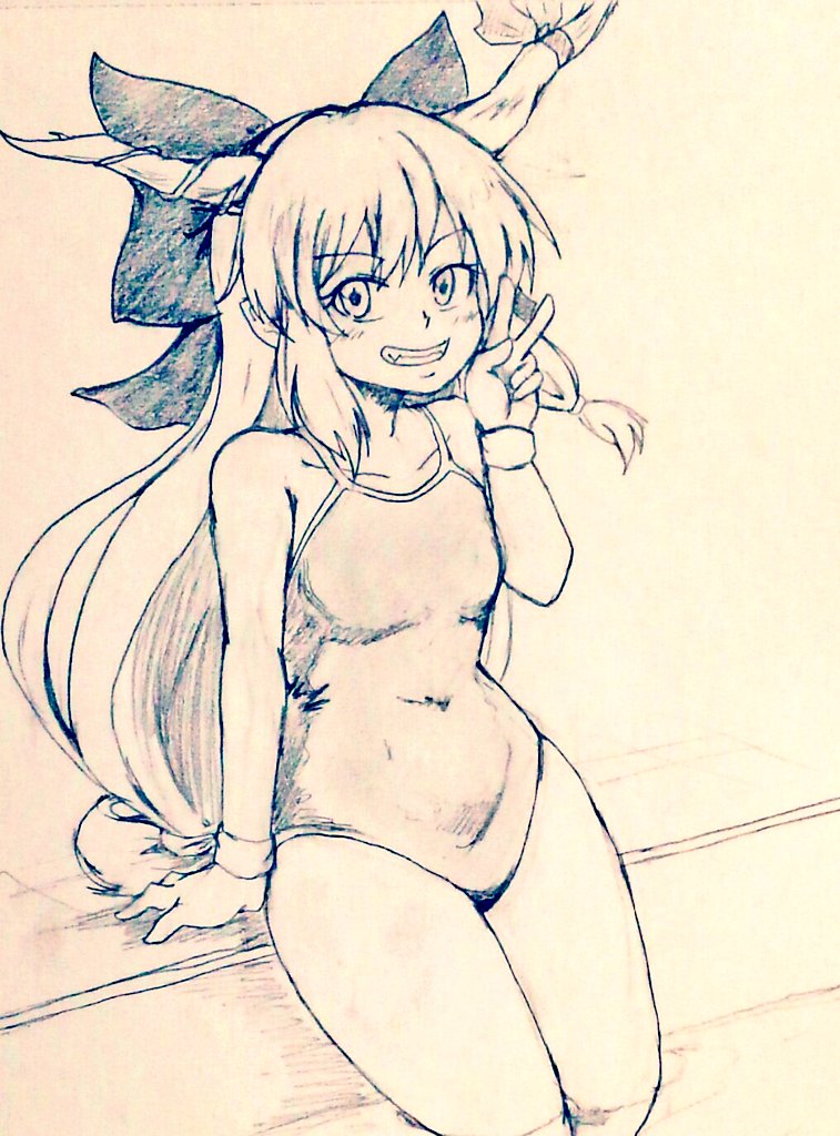 1girl alternate_costume arm_support bangs bare_legs bow breasts collarbone commentary_request covered_navel d-m_(dii_emu) eyebrows_visible_through_hair eyelashes greyscale grin hair_bow horns ibuki_suika long_hair looking_at_viewer monochrome one-piece_swimsuit oni_horns open_mouth sitting sketch smile swimsuit tied_hair touhou traditional_media v very_long_hair