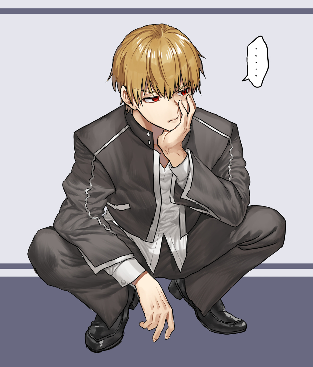 ... 1boy bangs black_footwear black_jacket black_pants blonde_hair closed_mouth commentary_request eyebrows_behind_hair fate/stay_night fate_(series) frown full_body gilgamesh_(fate) gilgamesh_(immoral_biker_jacket)_(fate) grey_background hair_between_eyes hand_on_own_face highres jacket looking_to_the_side male_focus none_(kameko227) pants red_eyes slit_pupils solo speech_bubble spoken_ellipsis squatting white_background