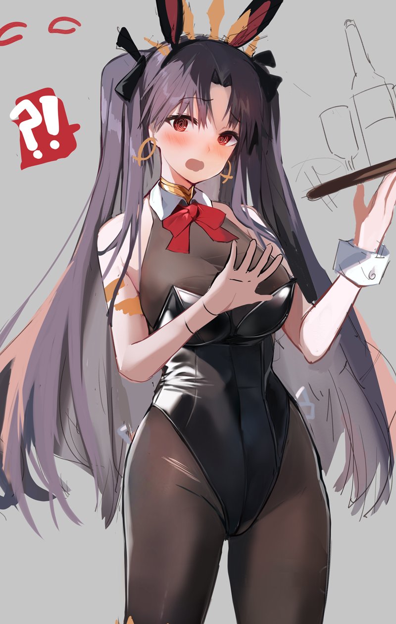 !? 1girl animal_ears black_hair blush bow breasts covered_navel cowboy_shot earrings fate/grand_order fate_(series) grey_background highres ishtar_(fate) jewelry long_hair looking_at_viewer medium_breasts open_mouth pantyhose playboy_bunny rabbit_ears red_bow red_eyes solo togo_(korlsj1235) tray two_side_up unfinished