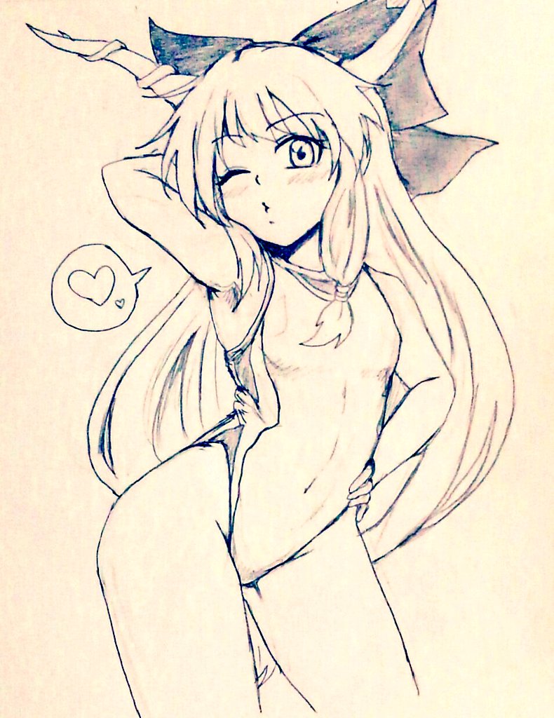 1girl alternate_costume arm_up bare_legs breasts commentary_request covered_navel cowboy_shot d-m_(dii_emu) eyebrows_visible_through_hair eyelashes greyscale hand_on_hip heart horns ibuki_suika long_hair looking_at_viewer monochrome o3o one-piece_swimsuit oni_horns open_mouth spoken_heart swimsuit tied_hair touhou traditional_media very_long_hair