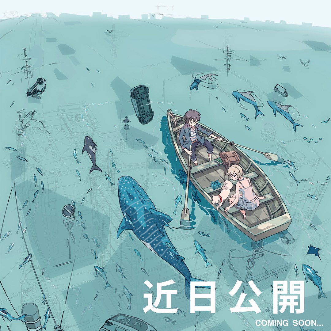 1boy 1girl black_hair blonde_hair blue_jacket blue_pants boat car dog english_commentary grey_camisole grey_skirt ground_vehicle jacket looking_down motor_vehicle ocean orca original pants pshinobi rowing scenery shark shirt skirt smile striped striped_shirt truck unfinished watercraft