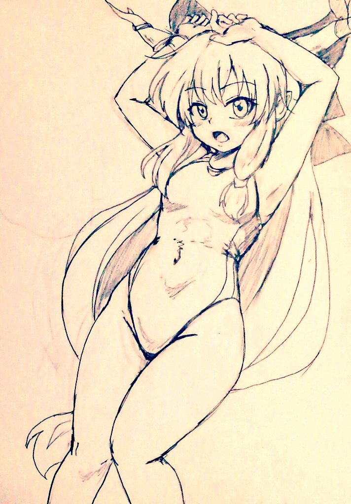 1girl :o alternate_costume armpits arms_up bare_legs bow breasts collarbone commentary_request covered_navel cowboy_shot d-m_(dii_emu) eyebrows_visible_through_hair eyelashes greyscale hair_bow horns ibuki_suika long_hair looking_at_viewer monochrome one-piece_swimsuit oni_horns open_mouth sketch swimsuit tied_hair touhou traditional_media very_long_hair