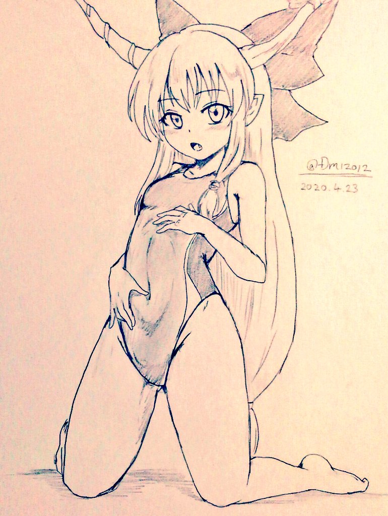 1girl alternate_costume bangs bare_legs barefoot bow breasts commentary_request covered_navel d-m_(dii_emu) eyebrows_visible_through_hair eyelashes full_body greyscale hair_bow hand_on_own_chest hand_on_own_stomach horns ibuki_suika long_hair looking_at_viewer monochrome one-piece_swimsuit oni_horns open_mouth sketch swimsuit tied_hair touhou traditional_media very_long_hair