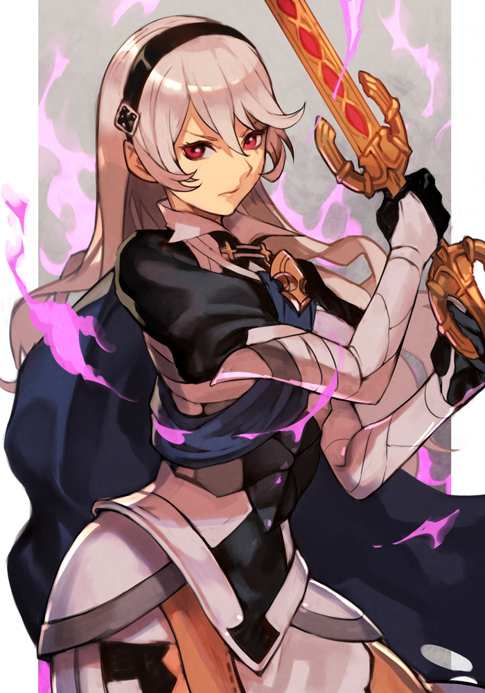 1girl angry arm_guards armor bangs blue_cape breastplate brooch buckle cape clothing_cutout collar corrin_(fire_emblem) corrin_(fire_emblem)_(female) cuirass fire_emblem fire_emblem_fates hair_ornament hairpin hankuri headband jewelry leg_armor leggings lightning long_hair looking_at_viewer pointy_ears red_eyes simple_background solo sword thigh_cutout weapon white_hair