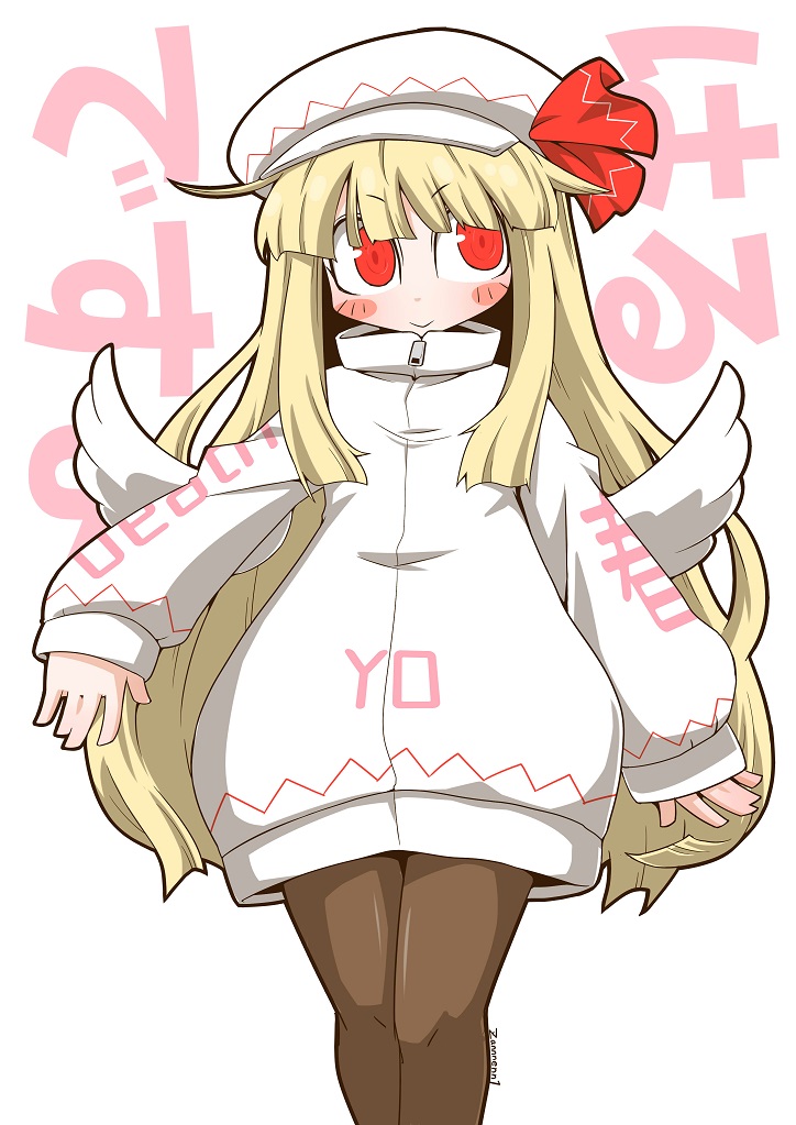 1girl adapted_costume black_legwear blonde_hair blush closed_mouth eyebrows_visible_through_hair fairy fairy_wings feet_out_of_frame hat jacket lily_white long_hair long_sleeves pantyhose red_eyes simple_background smile solo touhou twitter_username white_background white_headwear white_jacket wings zannen_na_hito