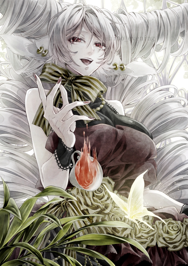 1girl :d animal_ears bow breasts brown_dress brown_nails bug butterfly cup dress drill_hair ear_piercing hino_evening large_breasts looking_at_viewer original pale_skin piercing plant quad_drills red_eyes smile solo spilling teacup watermark
