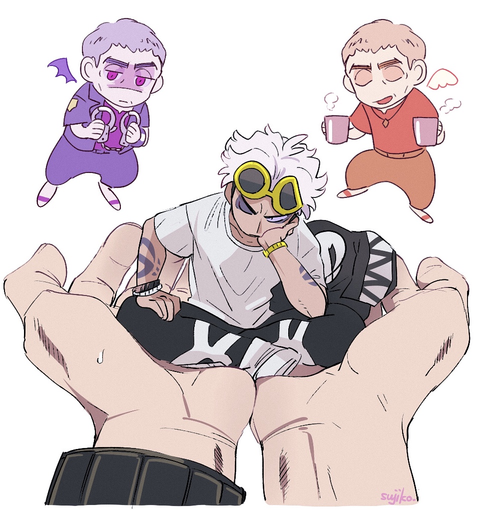 4boys angel_and_devil arm_tattoo black_hair black_jacket black_pants brown_pants carrying cup eyewear_on_head grey_hair guzma_(pokemon) holding holding_cup jacket male_focus miniboy mug multicolored_hair multiple_boys nanu_(pokemon) one_eye_closed pants pokemon pokemon_(game) pokemon_sm purple_jacket purple_pants purple_shirt red_shirt roar_kibachan sandals shirt shoes short_hair short_sleeves signature sitting steam sunglasses tattoo team_skull two-tone_hair white_footwear white_hair white_shirt wings yellow-framed_eyewear