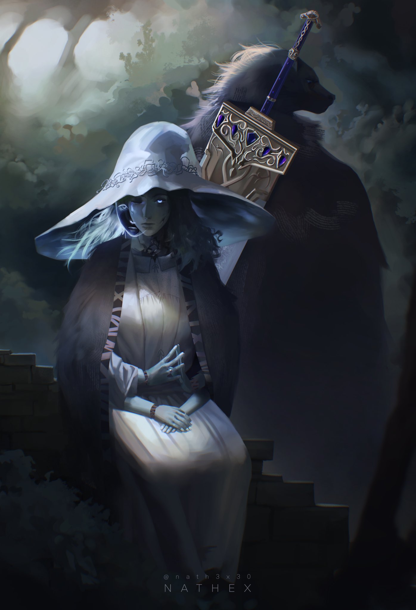 1boy 1girl blaidd_the_half-wolf blue_eyes blue_skin cloak closed_mouth colored_skin cracked_skin dress elden_ring extra_arms extra_faces fur_cloak hat highres jewelry joints looking_at_viewer nathex own_hands_together ranni_the_witch ring ruins sitting steepled_fingers white_dress witch_hat