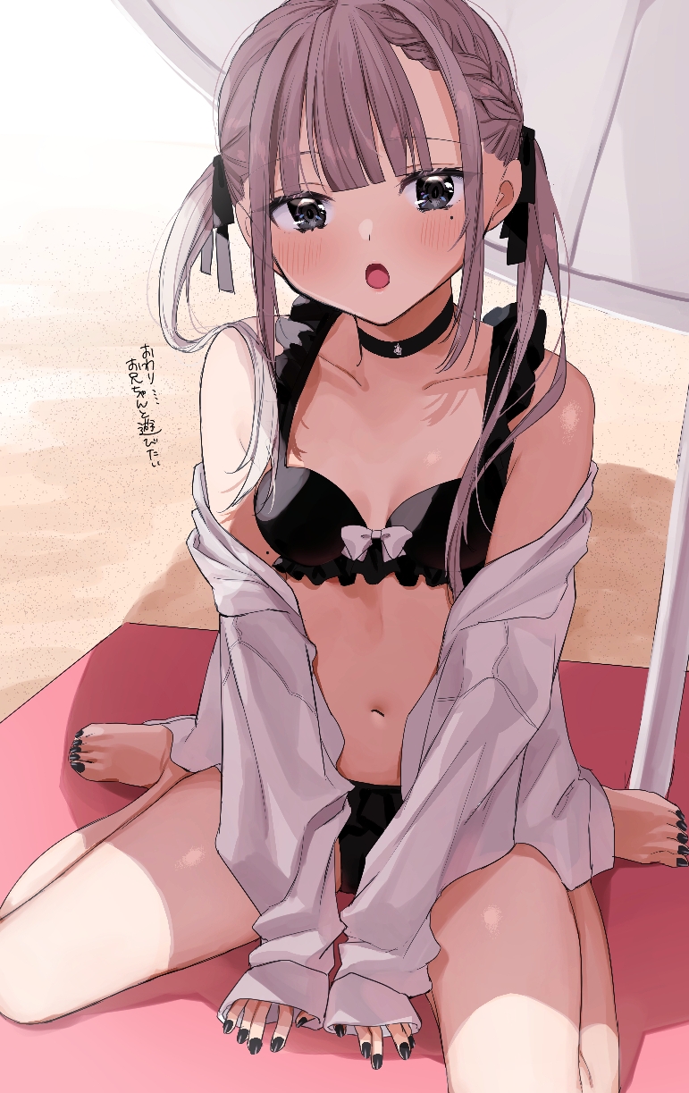 1girl bangs barefoot beach beach_towel beach_umbrella bikini black_choker black_nails black_ribbon black_swimsuit blue_eyes bow bow_bikini breasts chigusa_minori choker clip_studio_paint_(medium) commentary day dress_shirt grey_hair hair_ribbon highres kurosu_owari light_blush long_sleeves looking_at_viewer medium_hair mole mole_under_eye nail_polish navel off_shoulder on_ground open_mouth original outdoors ribbon shade shirt sitting small_breasts solo swimsuit toenail_polish toenails towel translated twintails umbrella v_arms wariza white_shirt