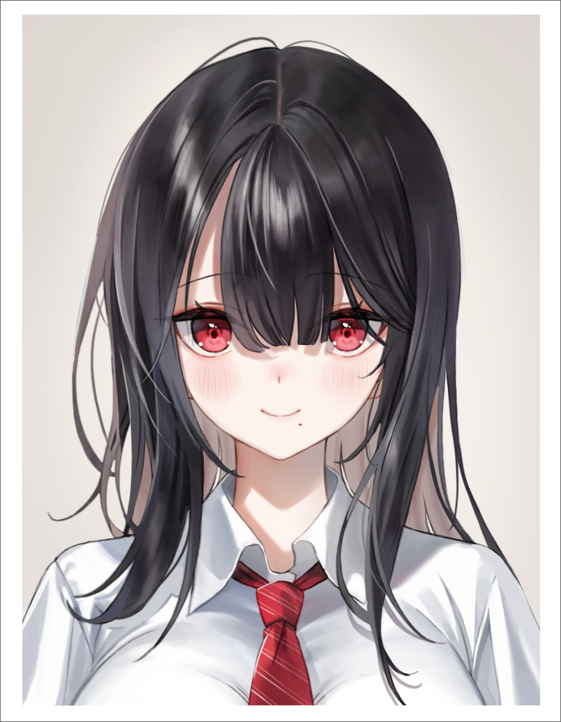 1girl bangs black_hair blush collared_shirt commentary_request emyo eyebrows_visible_through_hair hair_between_eyes long_hair looking_at_viewer mole mole_under_mouth necktie original portrait red_eyes red_necktie shirt simple_background smile solo striped_necktie white_shirt