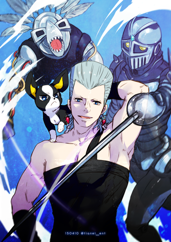 3boys arm_behind_head armor blue_eyes boston_terrier earrings flattop full_armor grey_hair iggy_(jojo) jean_pierre_polnareff jewelry jojo_no_kimyou_na_bouken male_focus multiple_boys rapier silver_chariot stand_(jojo) stardust_crusaders sword the_fool tianel_ent weapon