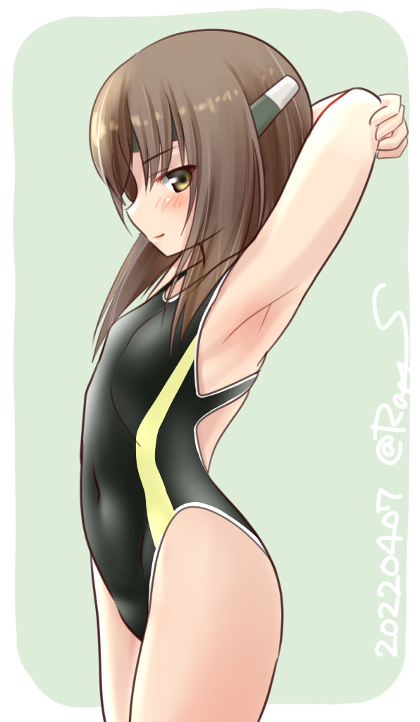 1girl arms_behind_head black_swimsuit brown_eyes brown_hair commentary_request competition_swimsuit covered_navel cowboy_shot dated grey_background headband headgear kantai_collection one-hour_drawing_challenge one-piece_swimsuit ray.s solo standing stretch swimsuit taihou_(kancolle) twitter_username