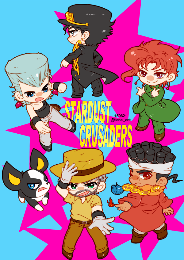 5boys beard black_hair blue_eyes brown_eyes chain chibi dog earrings facial_hair fedora flattop gakuran gloves green_eyes hat iggy_(jojo) jean_pierre_polnareff jewelry jojo_no_kimyou_na_bouken joseph_joestar joseph_joestar_(old) kakyoin_noriaki kujo_jotaro mohammed_avdol multiple_boys pose redhead school_uniform stardust_crusaders tianel_ent