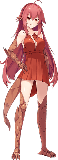 1girl artist_request bangs bare_shoulders breasts dress eyebrows_visible_through_hair full_body hair_between_eyes hand_on_hip large_breasts long_hair monster_girl monster_musume_no_iru_nichijou monster_musume_no_iru_nichijou_online official_art pointy_ears red_dress red_eyes redhead reptile_girl sala_(monster_musume) scales slit_pupils solo strapless strapless_dress thigh-highs transparent_background zettai_ryouiki