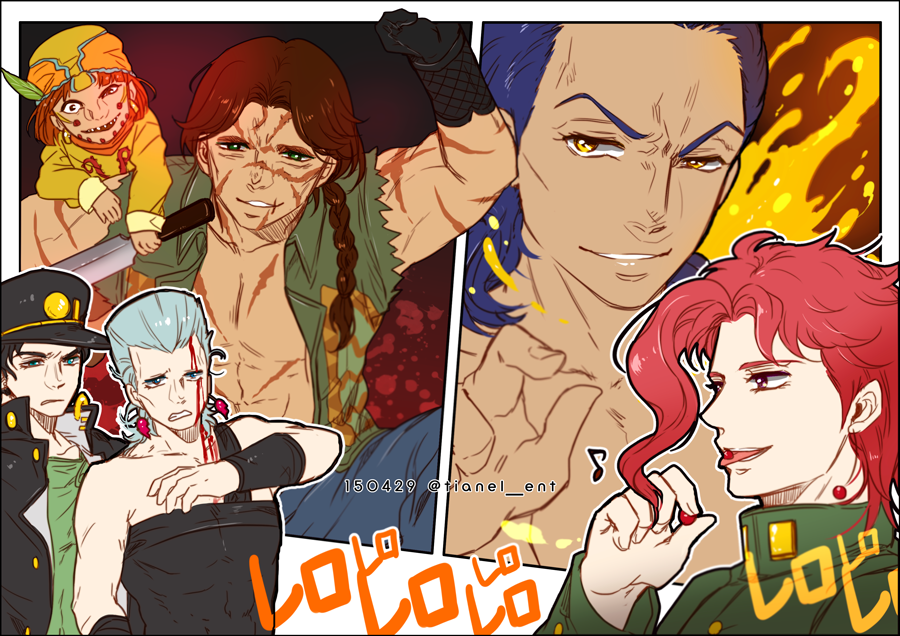 6+boys black_hair blood blood_on_face blue_eyes blue_hair braid brown_hair dark-skinned_male dark_skin devo ebony_devil gakuran grey_hair hat jean_pierre_polnareff jojo_no_kimyou_na_bouken kujo_jotaro long_hair male_focus mannequin multiple_boys puppet redhead rero_rero reroi rubber_soul scar scar_on_face school_uniform slime_(substance) stand_(jojo) stardust_crusaders tianel_ent topless_male yellow_eyes yellow_temperance