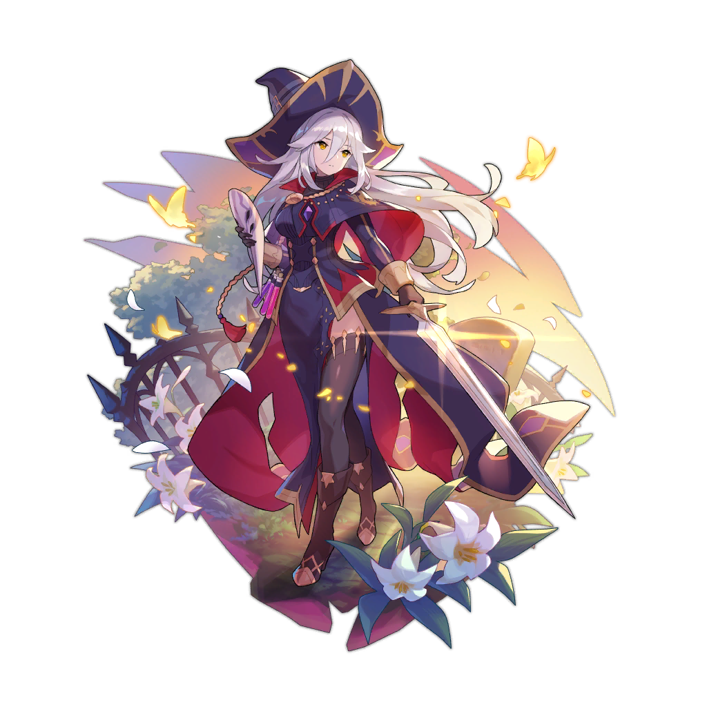 1girl boots breasts cape dragalia_lost dress fence floating_cape flower glint grace_(dragalia_lost) grave hair_between_eyes hat holding holding_sword holding_weapon large_breasts long_hair mask mask_removed official_art petals side_slit silver_hair sunset sword thigh-highs tree vial weapon witch_hat yellow_eyes