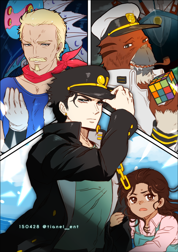 1girl 4boys ascot beard black_hair blonde_hair blue_eyes brown_hair captain_tennille cruise_ship dark_blue_moon epaulettes facial_hair forever_(jojo) hat jojo_no_kimyou_na_bouken male_focus military military_hat military_uniform multiple_boys mustache orangutan rubik's_cube runaway_girl_(jojo) stardust_crusaders tianel_ent uniform