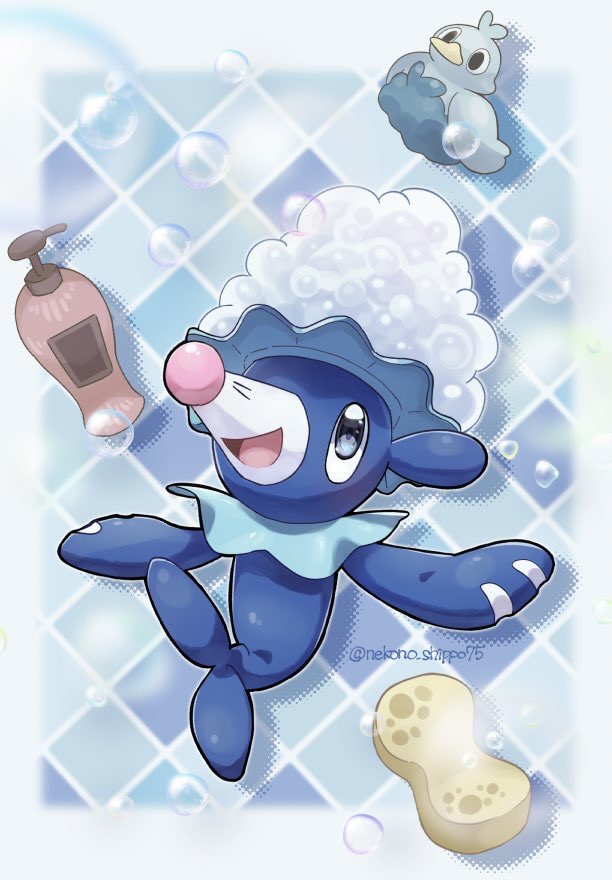 :d bottle bubble commentary_request ducklett foam grey_eyes looking_up nako_(nekono_shippo75) no_humans open_mouth pokemon pokemon_(creature) popplio rubber_duck smile soap_bubbles solo sponge themed_object tongue