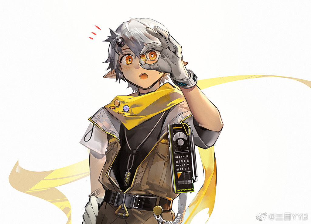1boy :o arknights artist_name belt black_shirt blush bracelet brown_jacket chestnut_(arknights) chinese_commentary commentary_request dark-skinned_male dark_skin gloves hand_on_hip infection_monitor_(arknights) jacket jewelry looking_at_viewer male_focus open_mouth orange_eyes pointy_ears scarf shirt short_hair short_sleeves silver_hair simple_background upper_body weibo_username white_background white_gloves yellow_scarf yyb