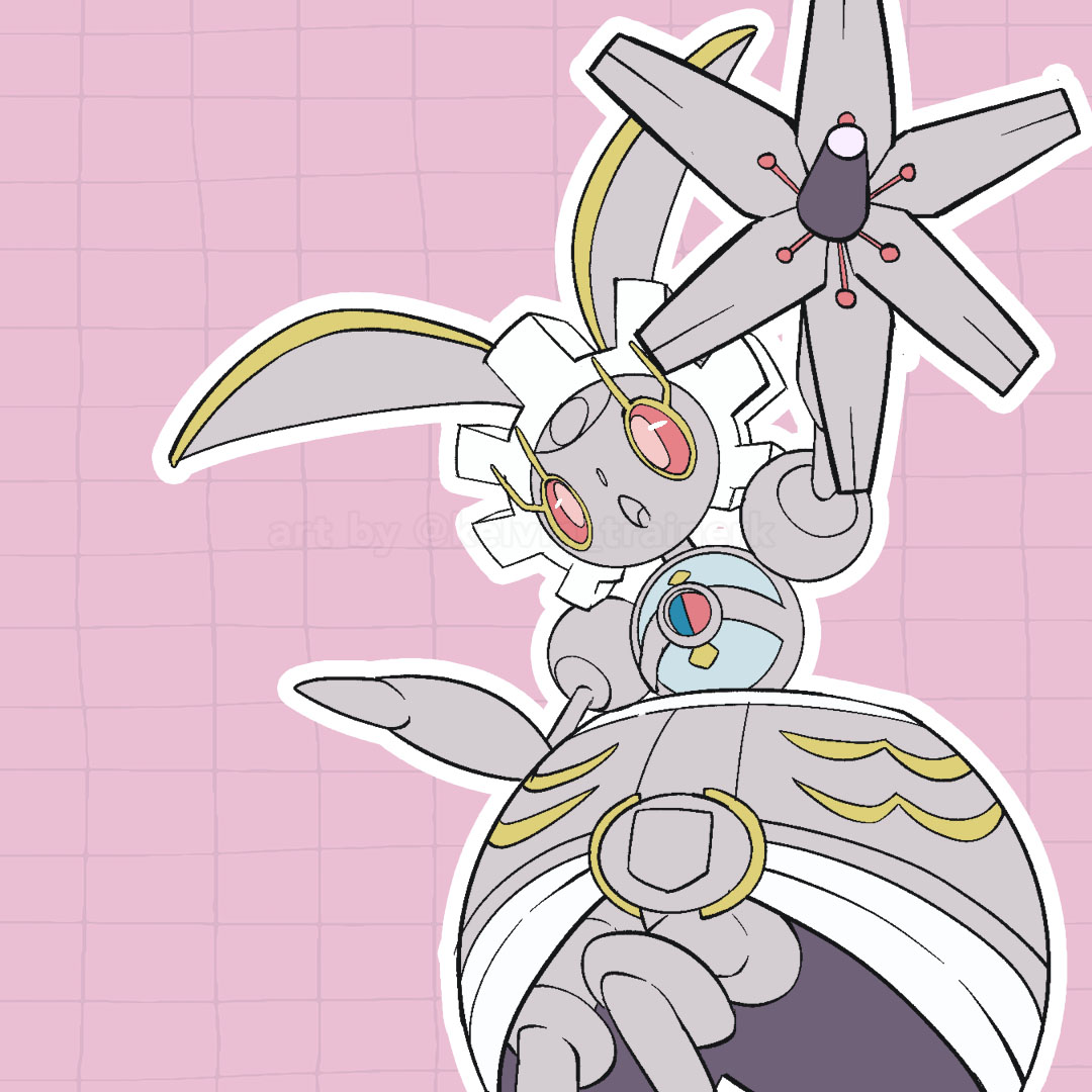 :o commentary grid_background kelvin-trainerk magearna no_humans open_mouth outline pink_background pink_eyes pokemon pokemon_(creature) solo twitter_username watermark