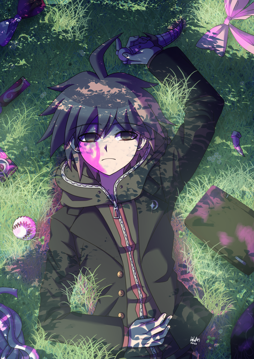1boy ahoge arm_up baseball black_jacket bow brown_eyes brown_hair closed_mouth commentary_request computer danganronpa:_trigger_happy_havoc danganronpa_(series) eyebrows_visible_through_hair falco_(cyruz) from_above grass green_jacket highres holding holding_weapon jacket laptop long_sleeves looking_at_viewer lying male_focus naegi_makoto on_back open_clothes open_jacket short_hair solo weapon zipper_pull_tab