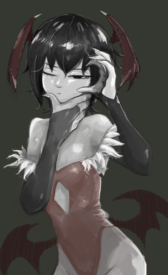 1girl bangs breasts bridal_gauntlets closed_mouth demon_girl fur-trimmed_leotard fur_trim greyscale hair_between_eyes head_wings leotard lilith_aensland limited_palette low_wings monochrome one_eye_closed red_leotard short_hair simple_background small_breasts solo spot_color tirarizun vampire_(game) wings