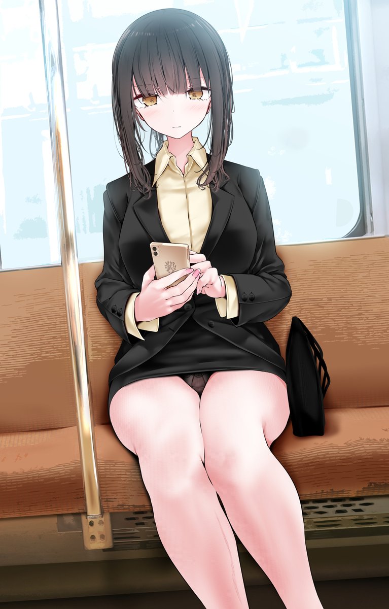 1girl accidental_exposure bag bangs bare_legs bench black_hair black_panties black_skirt black_suit blazer blunt_bangs blush breasts brown_eyes brown_hair business_suit cellphone closed_mouth collared_shirt commentary_request dress_shirt eyebrows_visible_through_hair feet_out_of_frame formal handbag highres holding holding_phone jacket large_breasts lingerie long_hair long_sleeves looking_at_viewer medium_hair miniskirt nail_polish office_lady oouso original panties pantyshot pencil_skirt phone pink_nails ponytail shirt sidelocks sitting skirt smartphone solo suit thighs train_interior underwear yellow_shirt