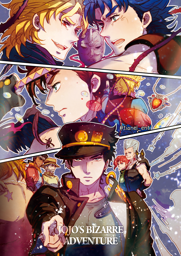 6+boys battle_tendency birthmark black_hair blonde_hair blue_hair blue_jacket boston_terrier brown_hair caesar_anthonio_zeppeli confrontation dio_brando dog face-to-face hat headband iggy_(jojo) jacket jean_pierre_polnareff joestar_birthmark jojo_no_kimyou_na_bouken jonathan_joestar joseph_joestar joseph_joestar_(old) kakyoin_noriaki kujo_jotaro mohammed_avdol multiple_boys opposing_sides phantom_blood pointing red_stone_of_aja redhead scar scar_on_neck school_uniform stardust_crusaders stone_mask_(jojo) tianel_ent