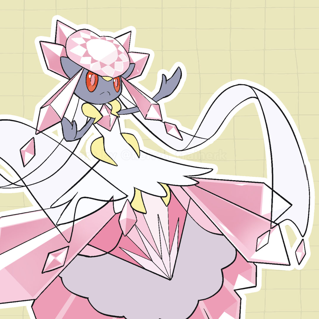 closed_mouth commentary diancie frown grid_background kelvin-trainerk mega_diancie mega_pokemon no_humans outline pink_pupils pokemon pokemon_(creature) red_eyes solo split_mouth twitter_username watermark yellow_background